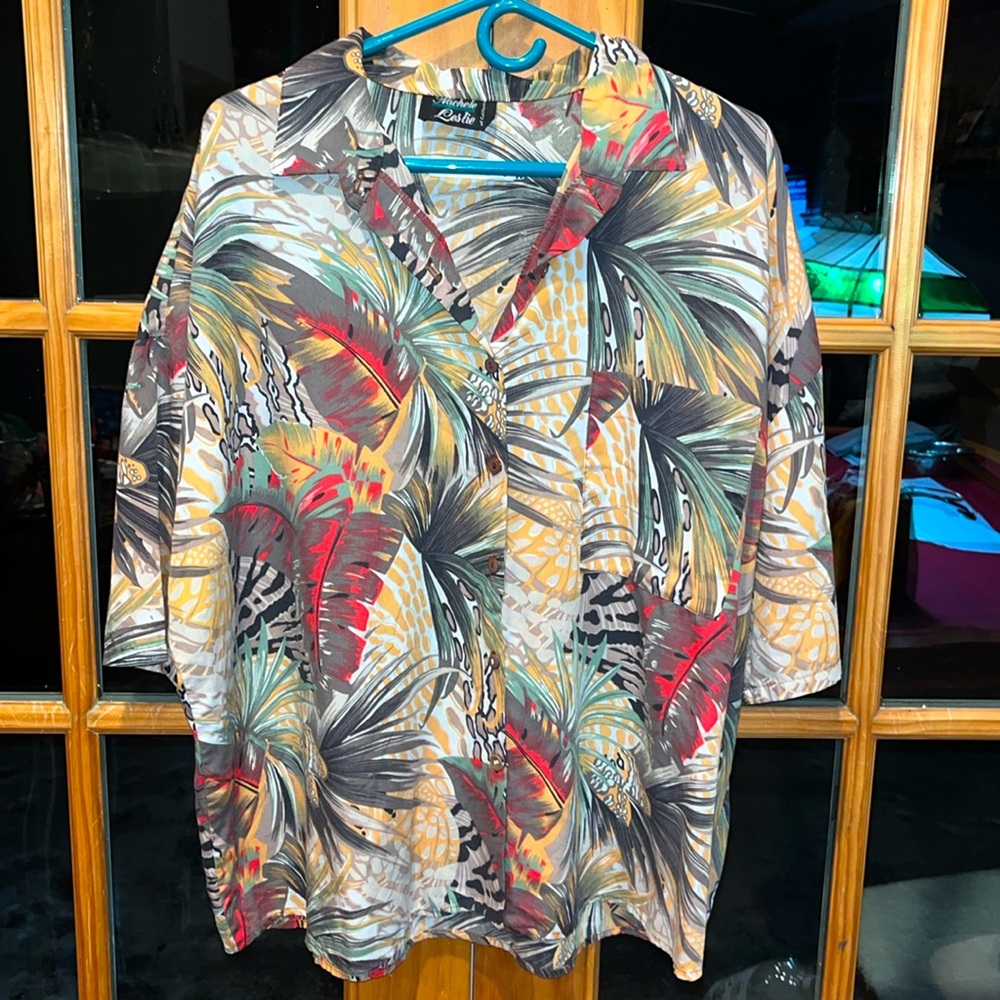 tropical Hawaiian‎ button up shirt women’s 3X Collar short sleeves tan green 3XL